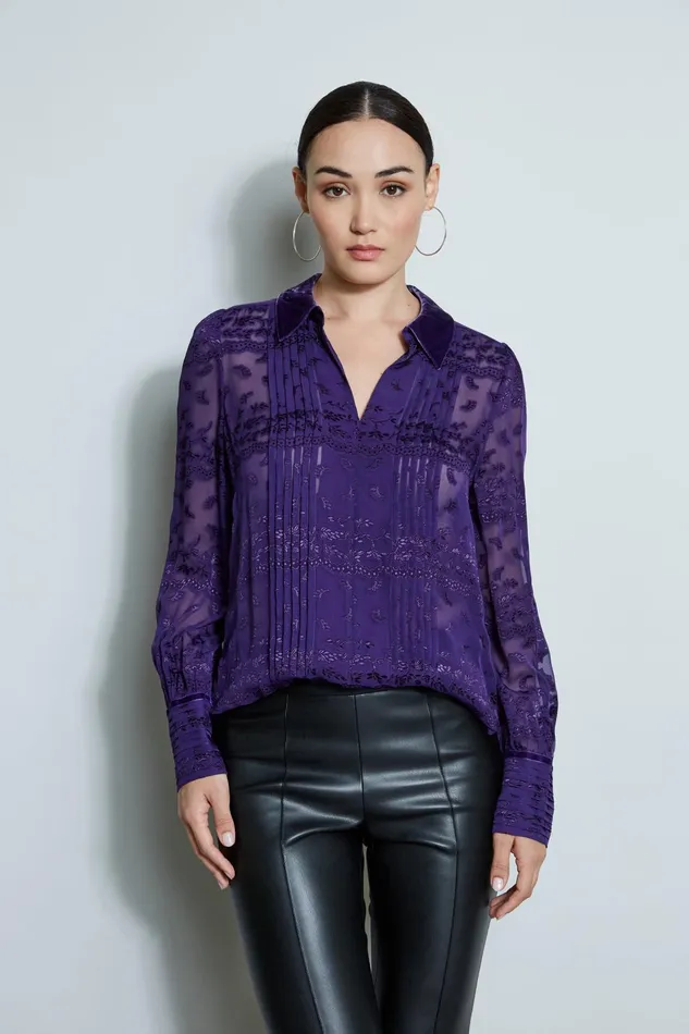Outlet 8211 Women Tops Elie Tahari Silk Jacquard Shirt Winter Plum