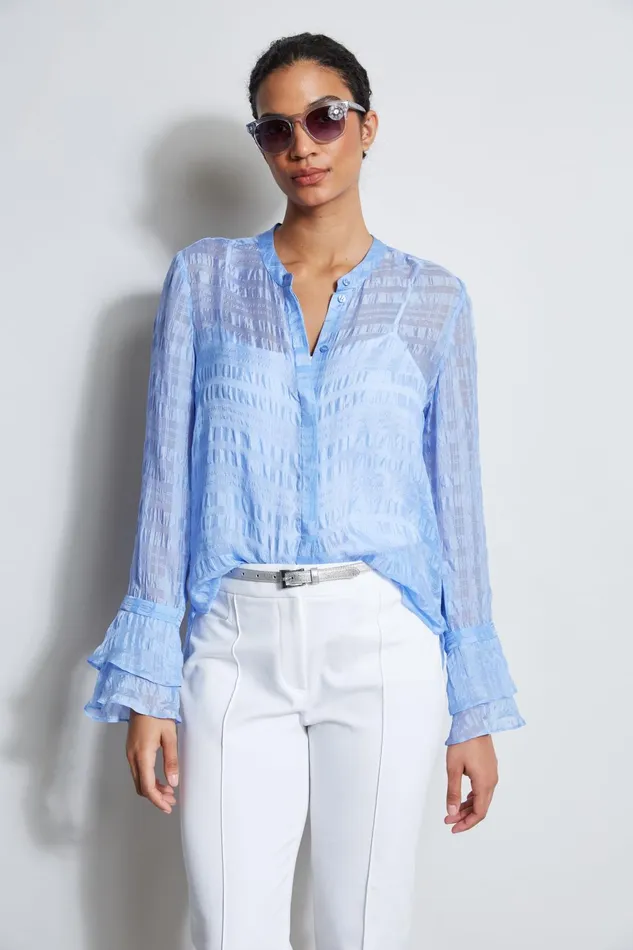 Outlet 8211 Women Tops Elie Tahari Silk Pucker Texture Shirt Horizon Blue