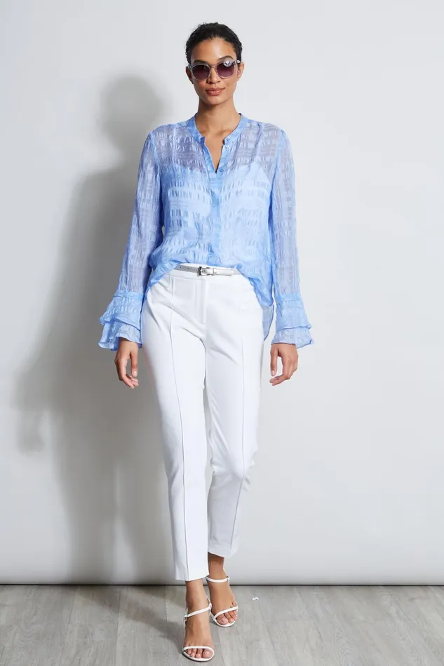 Outlet 8211 Women Tops Elie Tahari Silk Pucker Texture Shirt Horizon Blue