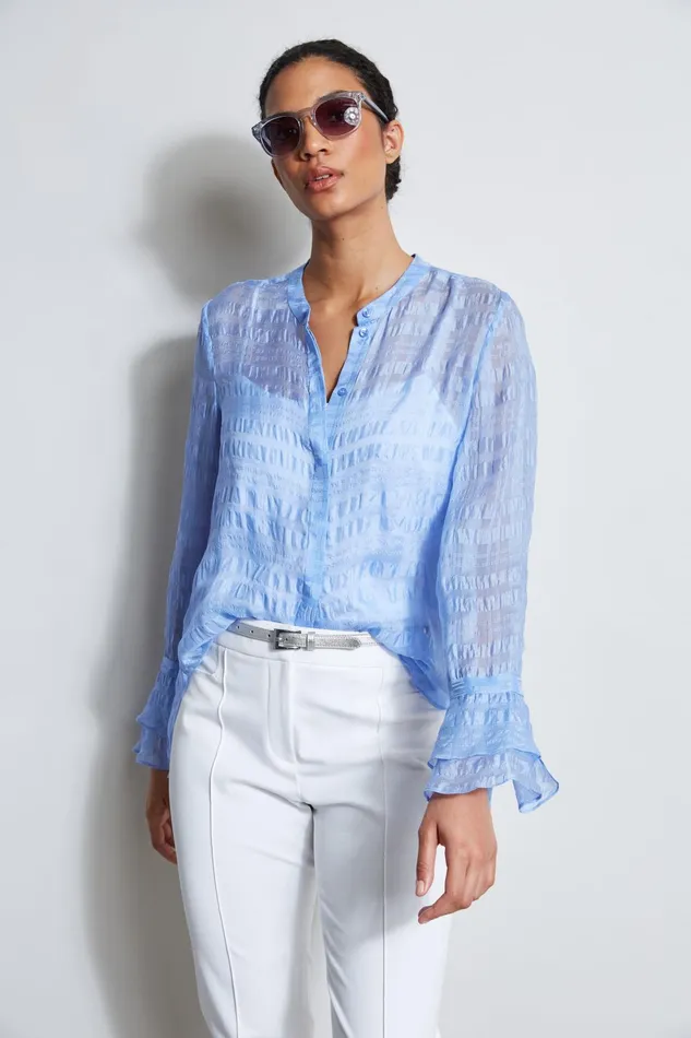 Outlet 8211 Women Tops Elie Tahari Silk Pucker Texture Shirt Horizon Blue