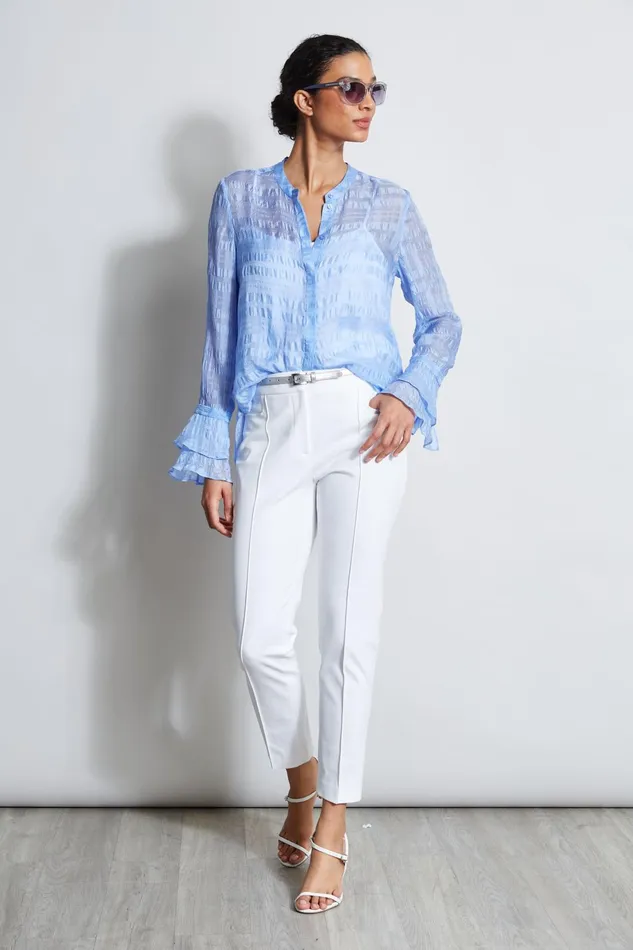 Outlet 8211 Women Tops Elie Tahari Silk Pucker Texture Shirt Horizon Blue