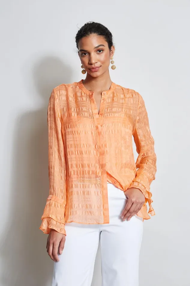 Outlet 8211 Women Tops Elie Tahari Silk Pucker Texture Shirt Tangerine