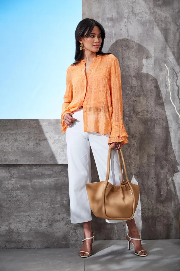 Outlet 8211 Women Tops Elie Tahari Silk Pucker Texture Shirt Tangerine