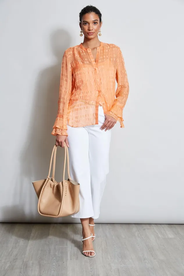 Outlet 8211 Women Tops Elie Tahari Silk Pucker Texture Shirt Tangerine