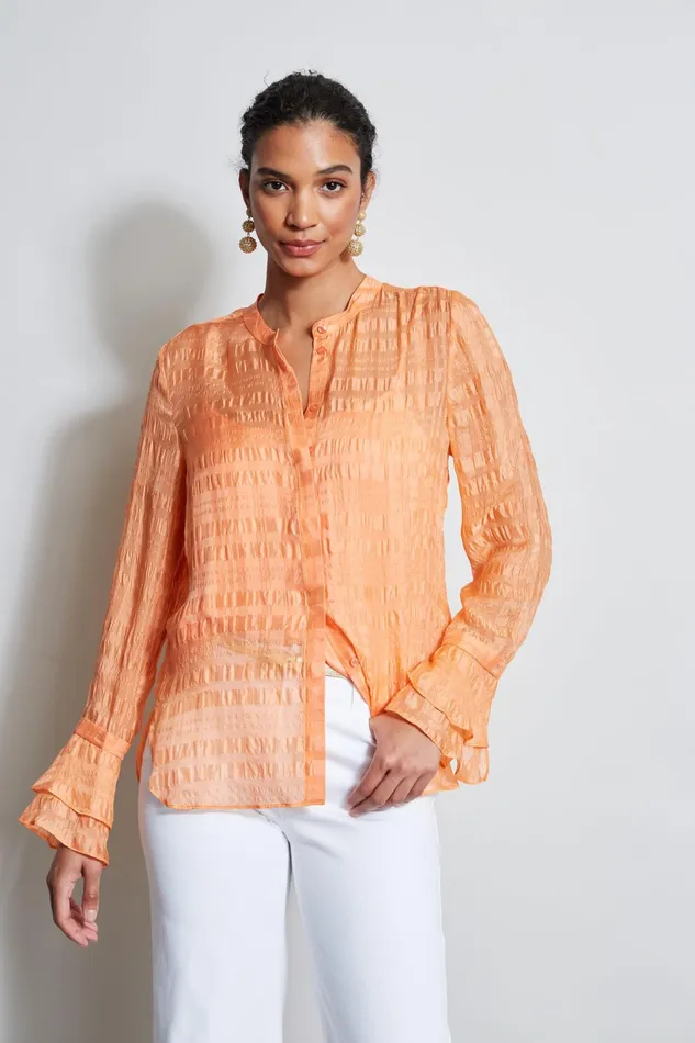 Outlet 8211 Women Tops Elie Tahari Silk Pucker Texture Shirt Tangerine