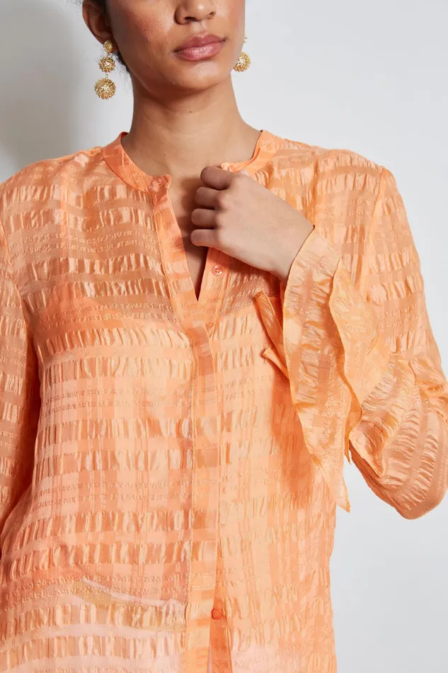 Outlet 8211 Women Tops Elie Tahari Silk Pucker Texture Shirt Tangerine