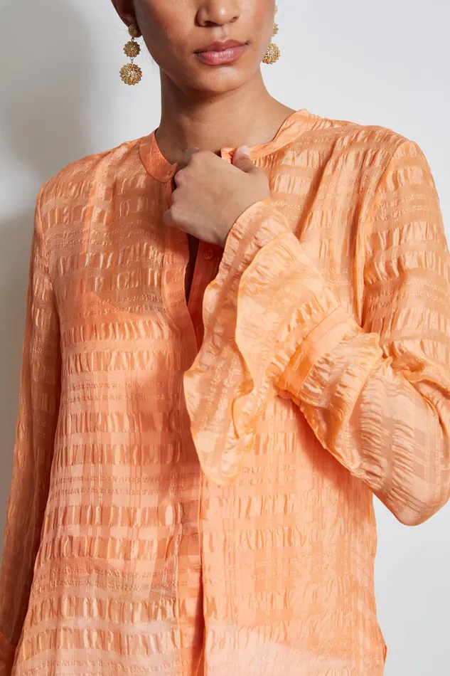 Outlet 8211 Women Tops Elie Tahari Silk Pucker Texture Shirt Tangerine
