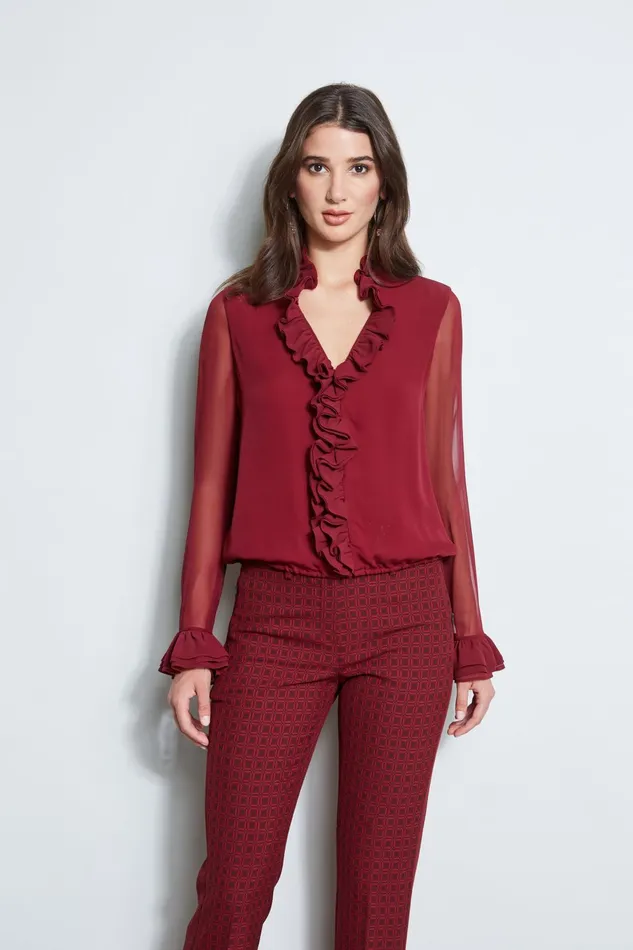 Outlet 8211 Women Tops Elie Tahari Silk Ruffle Shirt Bordeaux