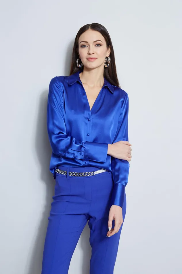 Outlet 8211 Women Tops Elie Tahari Silk Satin Button Down Shirt Lapis