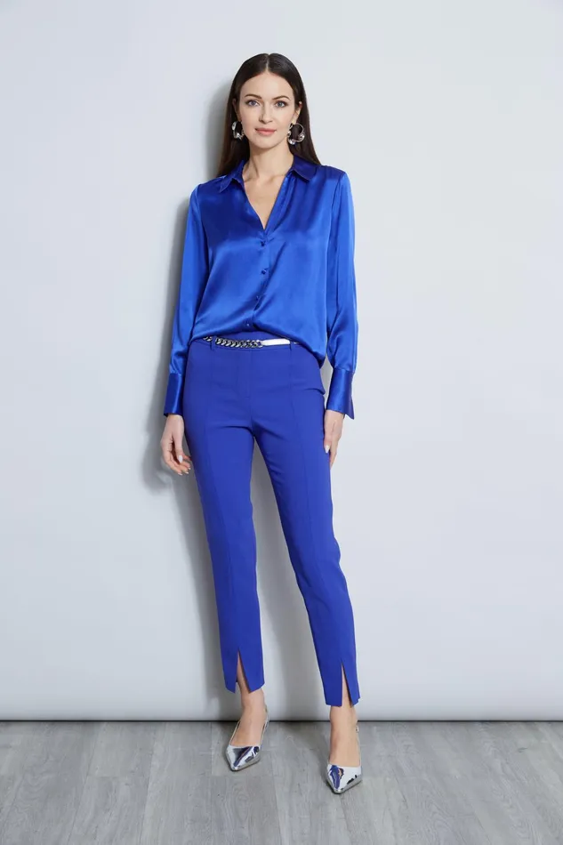 Outlet 8211 Women Tops Elie Tahari Silk Satin Button Down Shirt Lapis