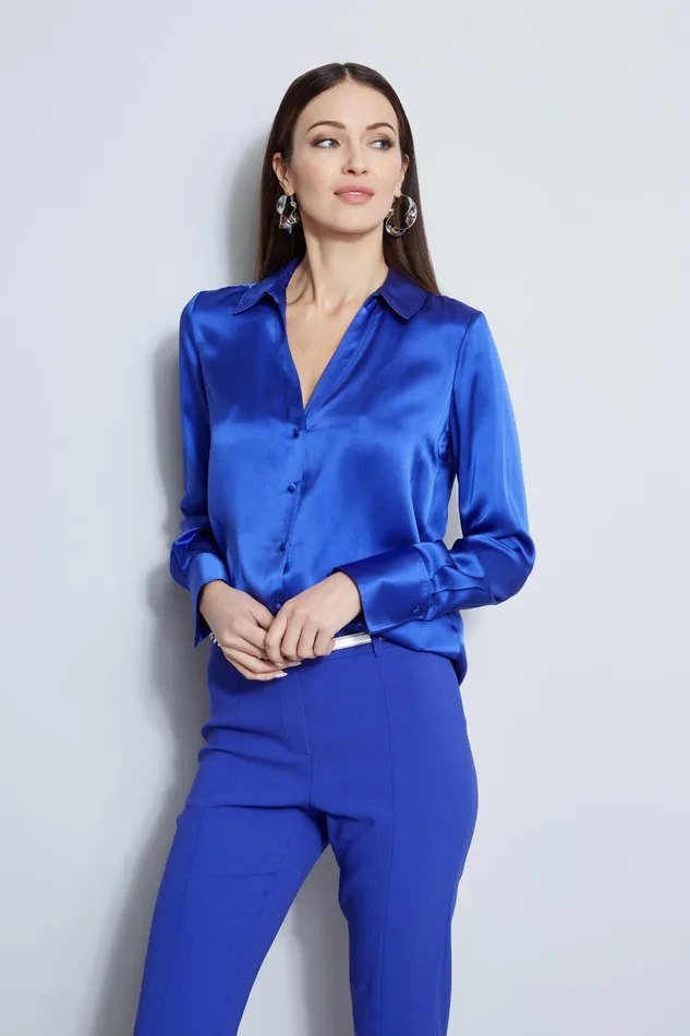 Outlet 8211 Women Tops Elie Tahari Silk Satin Button Down Shirt Lapis