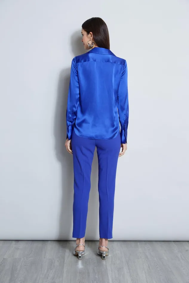 Outlet 8211 Women Tops Elie Tahari Silk Satin Button Down Shirt Lapis