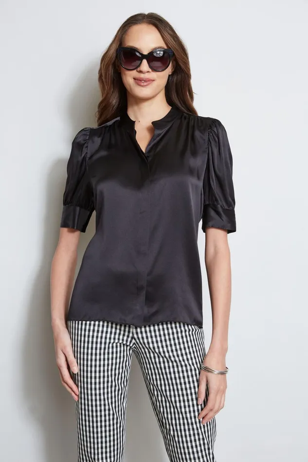 Outlet 8211 Women Tops Elie Tahari Silk Satin Ruched Sleeve Shirt Black