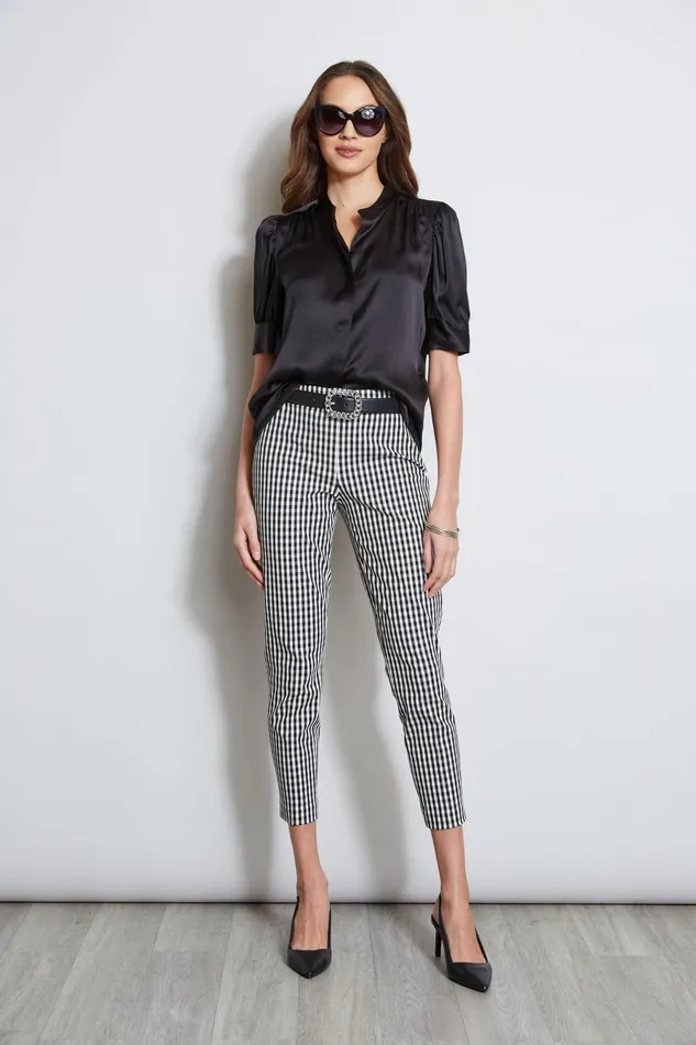 Outlet 8211 Women Tops Elie Tahari Silk Satin Ruched Sleeve Shirt Black
