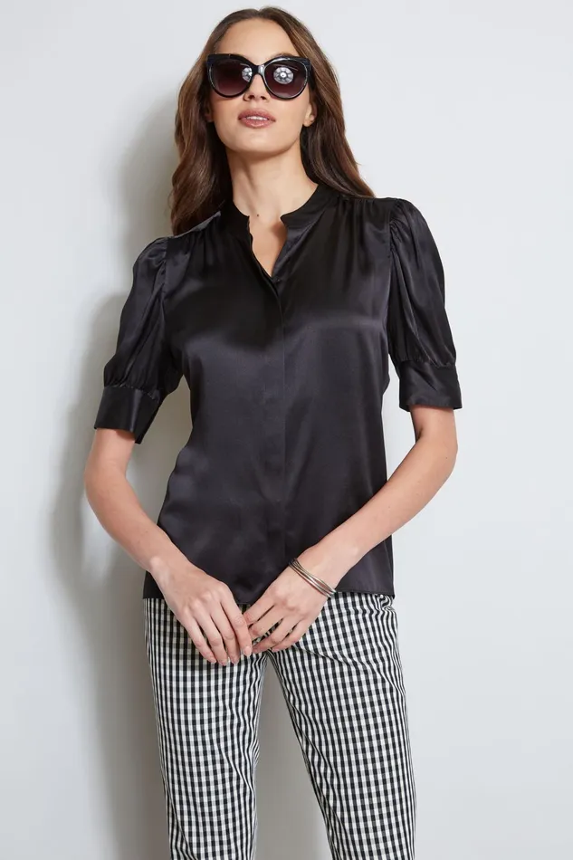 Outlet 8211 Women Tops Elie Tahari Silk Satin Ruched Sleeve Shirt Black