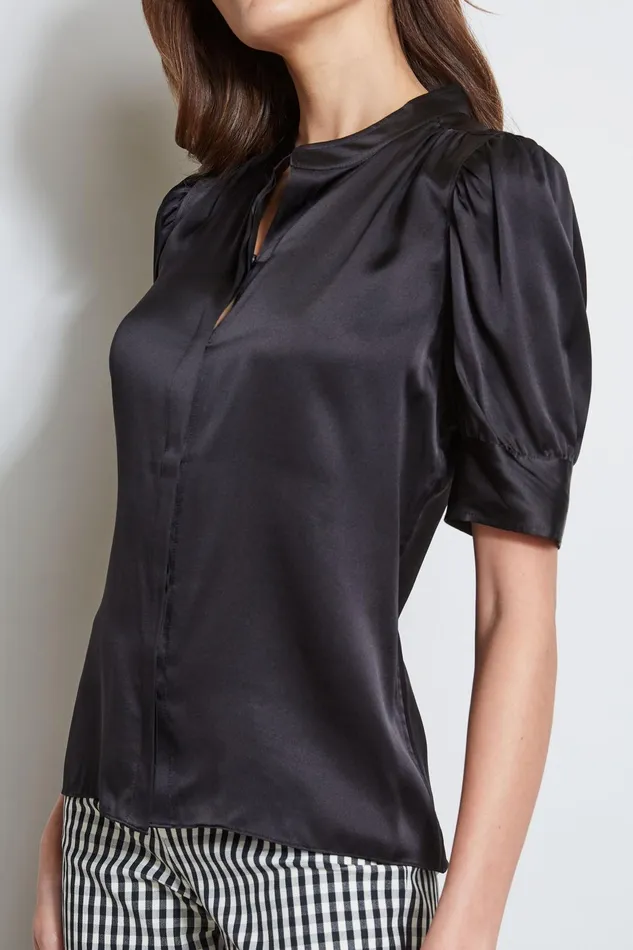 Outlet 8211 Women Tops Elie Tahari Silk Satin Ruched Sleeve Shirt Black
