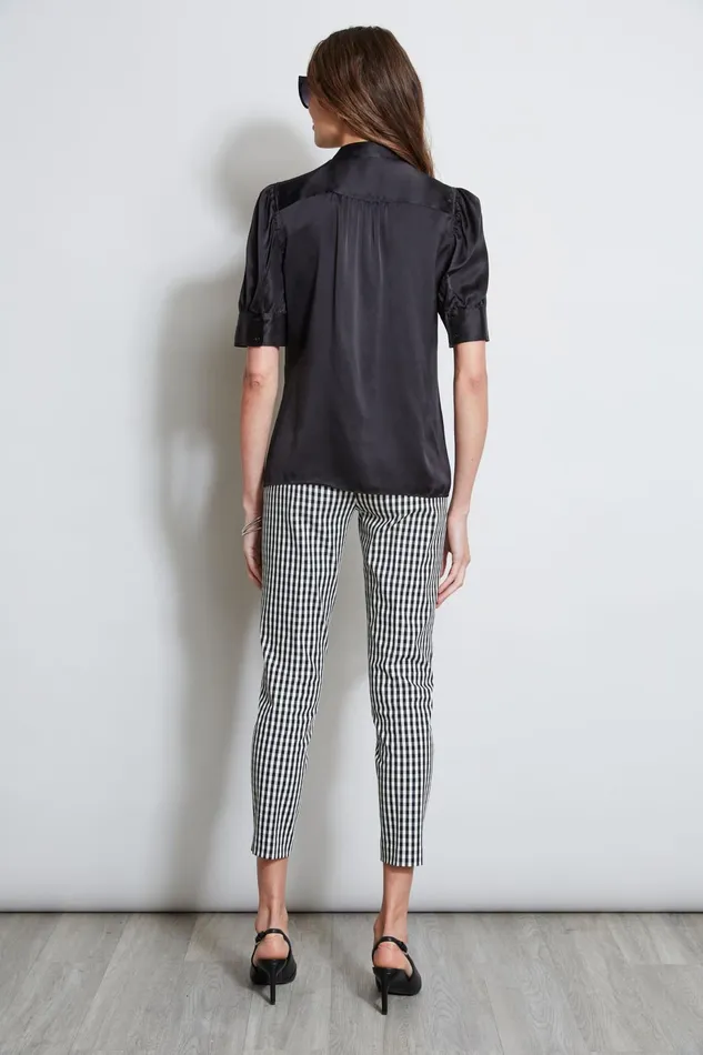 Outlet 8211 Women Tops Elie Tahari Silk Satin Ruched Sleeve Shirt Black
