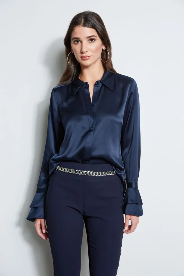 Outlet 8211 Women Tops Elie Tahari Silk Satin Ruffle Cuff Shirt Stargazer