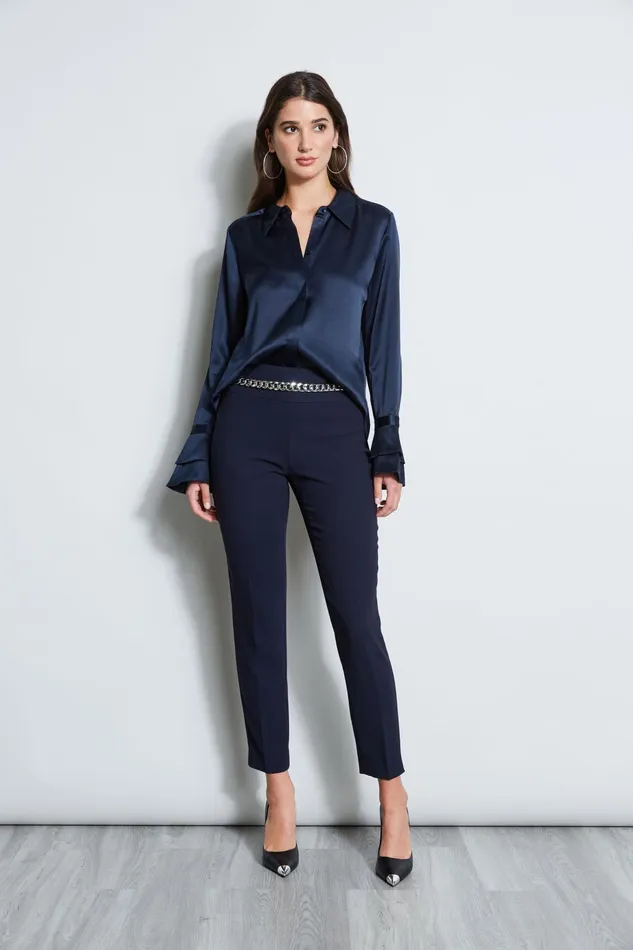 Outlet 8211 Women Tops Elie Tahari Silk Satin Ruffle Cuff Shirt Stargazer