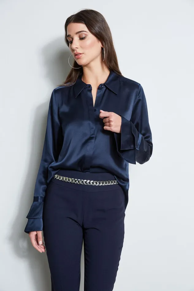 Outlet 8211 Women Tops Elie Tahari Silk Satin Ruffle Cuff Shirt Stargazer