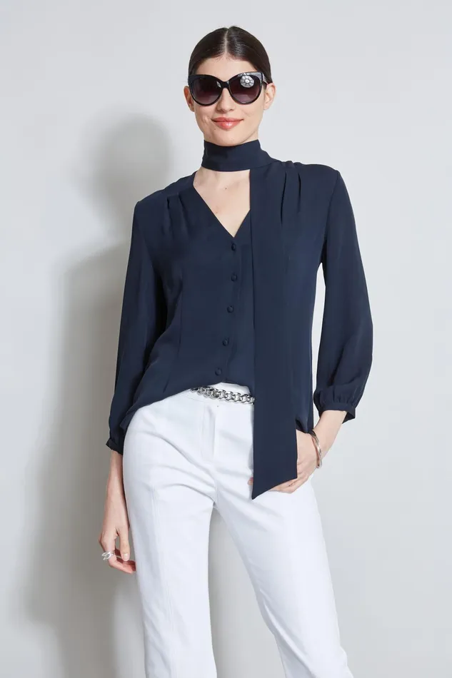Outlet 8211 Women Tops Elie Tahari Silk Tie Button Shirt Stargazer