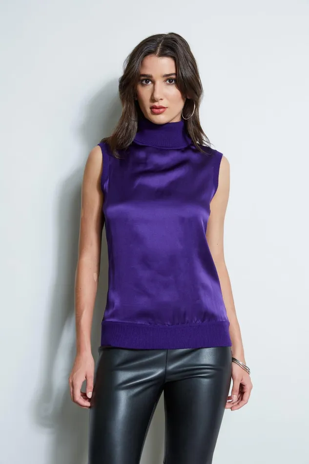 Outlet 8211 Women Tops Elie Tahari Sleeveless Satin Front Sweater Winter Plum