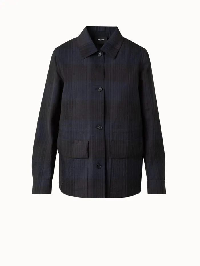 Oversize Shirt Jacket In Silk Cotton Seersucker Navy Women Akris Jackets