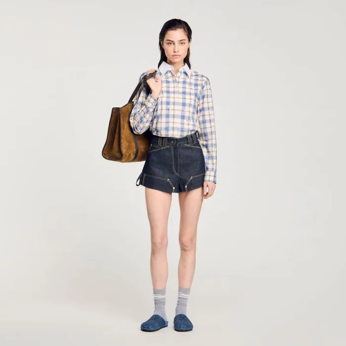 Pants and Shorts Women SANDRO Raw Denim Shorts Deep Blu