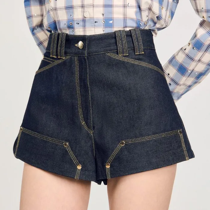 Pants and Shorts Women SANDRO Raw Denim Shorts Deep Blu
