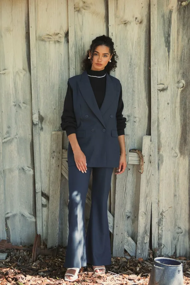 Pants Navy Classic Crepe Flared Trouser Pant 8211 FINAL SALE Navy 8211 Mac Duggal Women