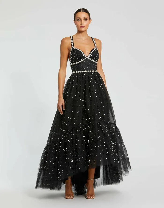 Pearl Beaded High Low Gown Black Ivory Best Sellers Mac Duggal Women