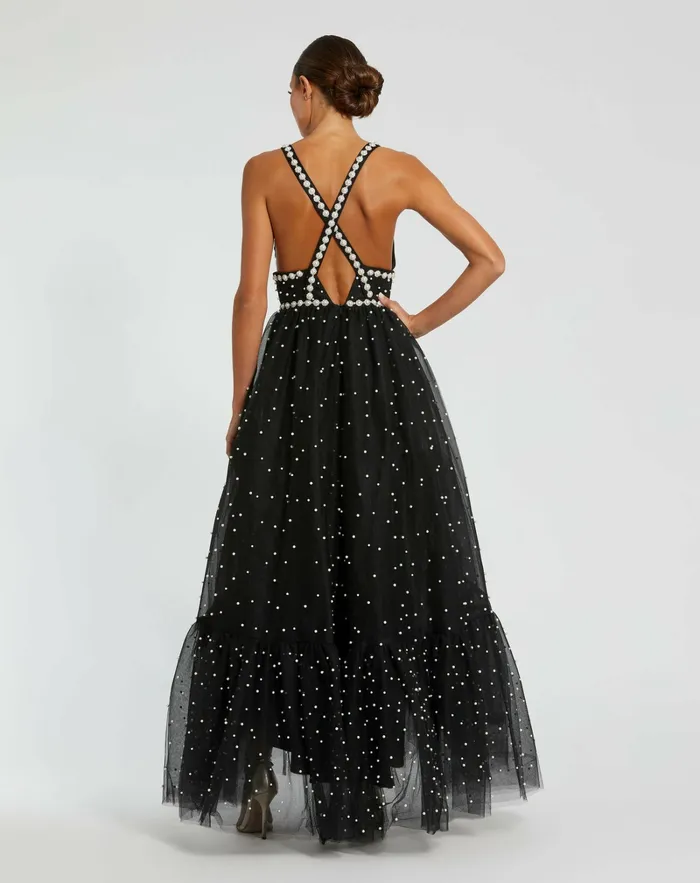 Pearl Beaded High Low Gown Black Ivory Best Sellers Mac Duggal Women