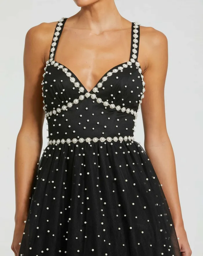 Pearl Beaded High Low Gown Black Ivory Best Sellers Mac Duggal Women