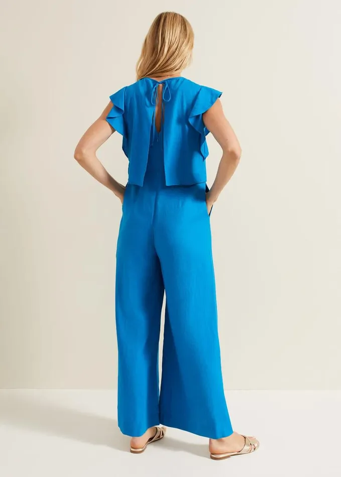 Phase Eight Aubrey Blue Linen Frill Jumpsuit Blue Women Dresses