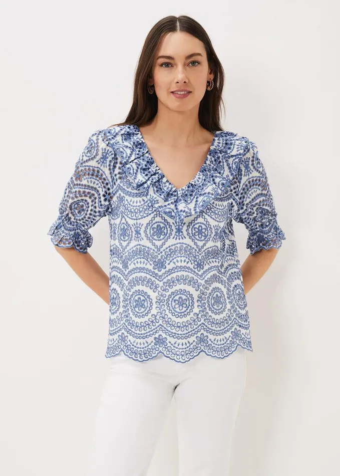 Phase Eight Brianne Broderie Blouse Whiteblue Women Shirts and Blouses