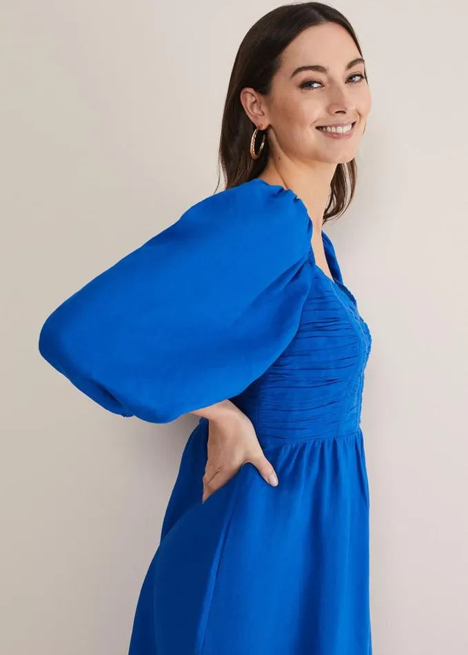 Phase Eight Celila Linen Midi Dress Blue Women Dresses