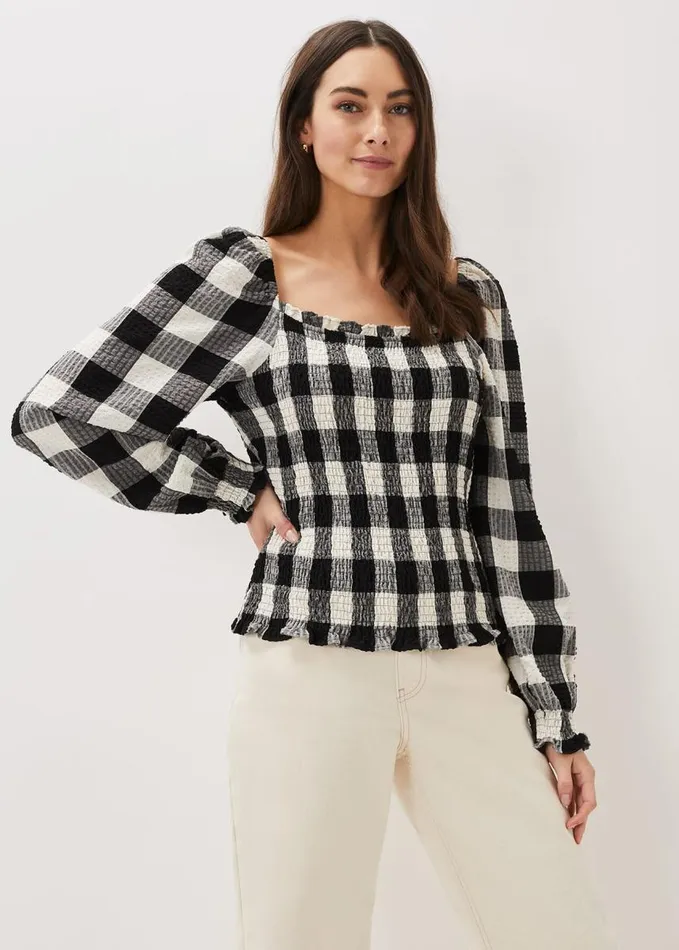 Phase Eight Esty Gingham Square Neck Blouse Navywhite Women Shirts and Blouses