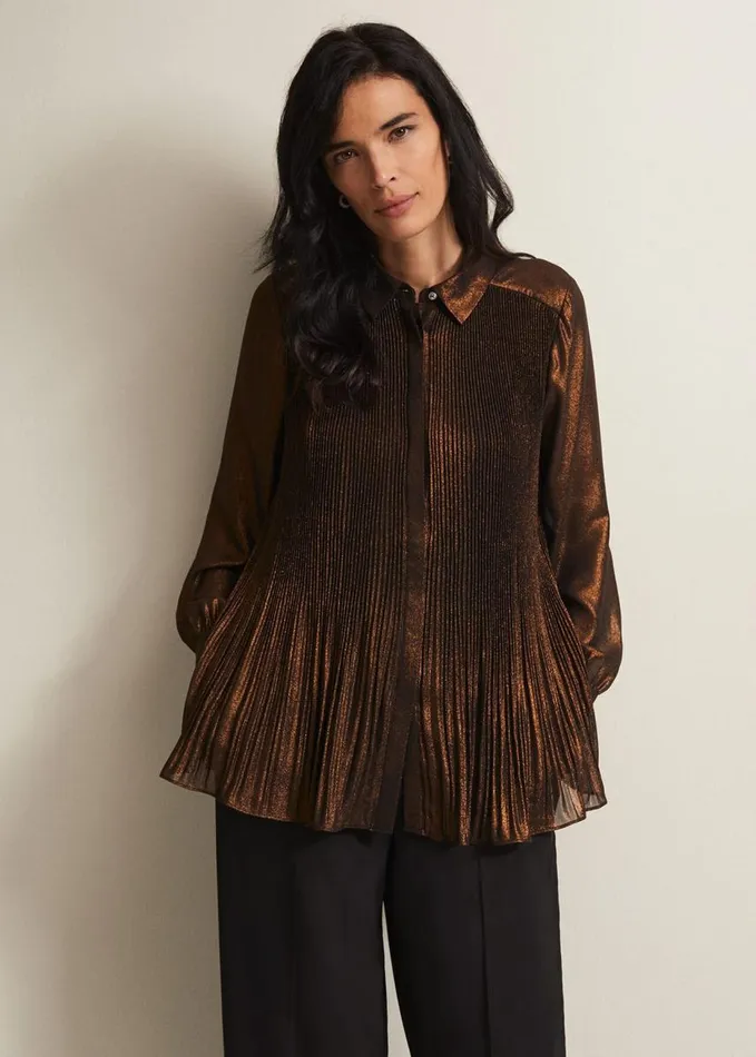 Phase Eight Faye Foil Pleated Blouse Bronze Women Shirts and Blouses