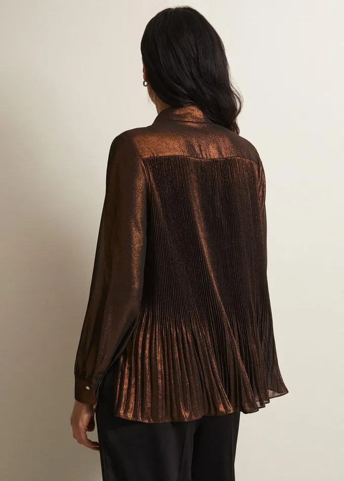Phase Eight Faye Foil Pleated Blouse Bronze Women Shirts and Blouses