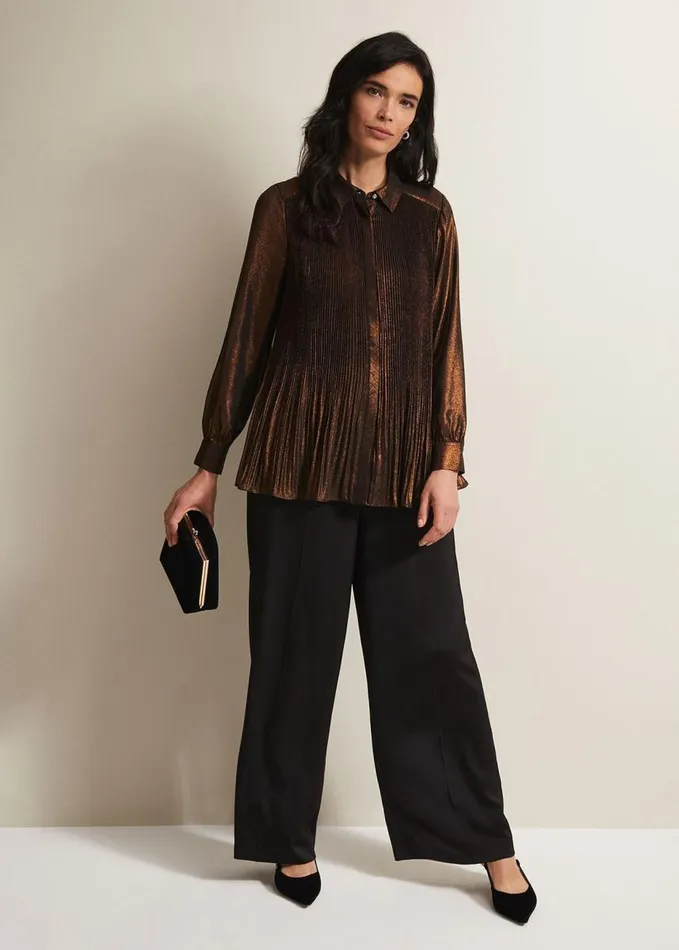 Phase Eight Faye Foil Pleated Blouse Bronze Women Shirts and Blouses