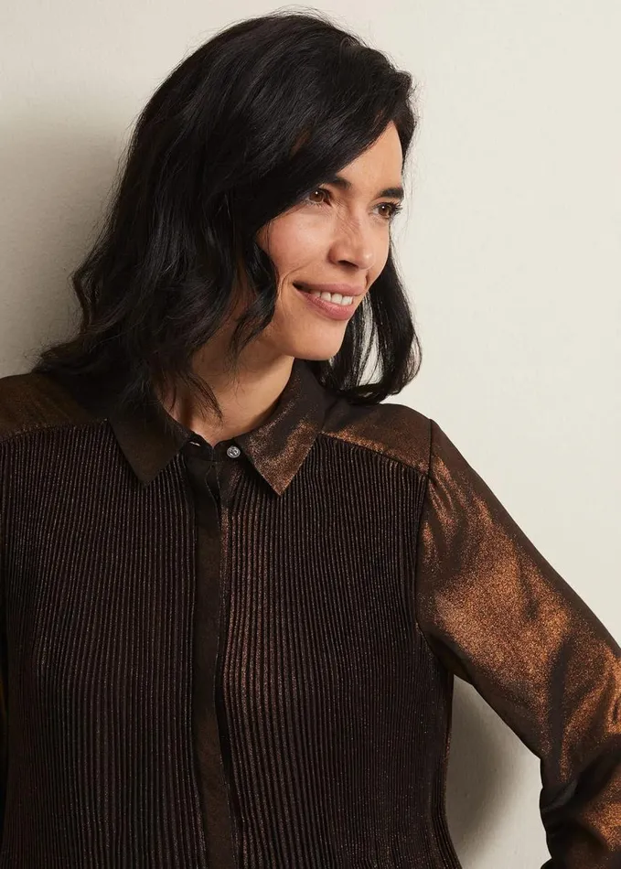 Phase Eight Faye Foil Pleated Blouse Bronze Women Shirts and Blouses