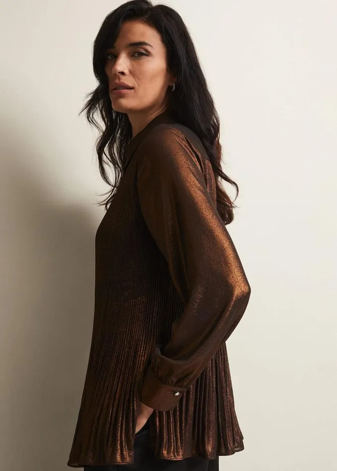 Phase Eight Faye Foil Pleated Blouse Bronze Women Shirts and Blouses