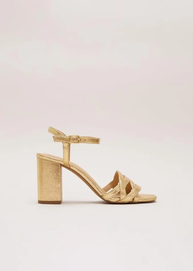 Phase Eight Gold Leather Crossover Block Heels Gold Women Occasion Shoes