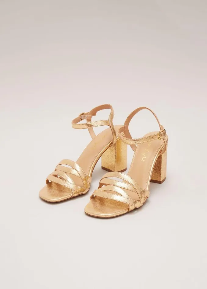 Phase Eight Gold Leather Crossover Block Heels Gold Women Occasion Shoes
