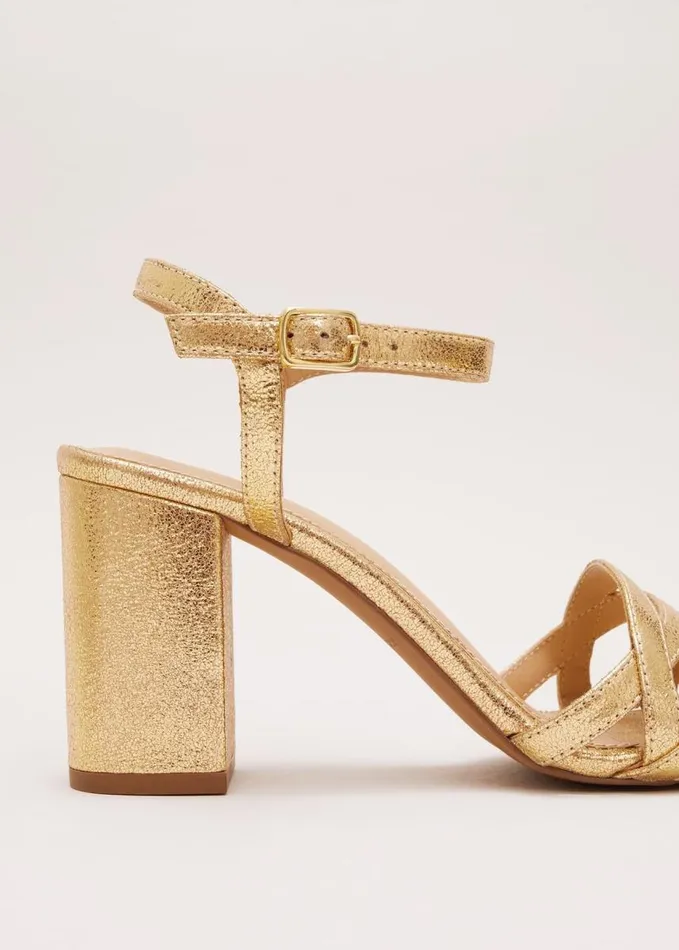 Phase Eight Gold Leather Crossover Block Heels Gold Women Occasion Shoes