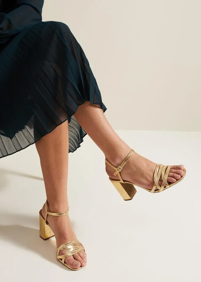 Phase Eight Gold Leather Crossover Block Heels Gold Women Occasion Shoes