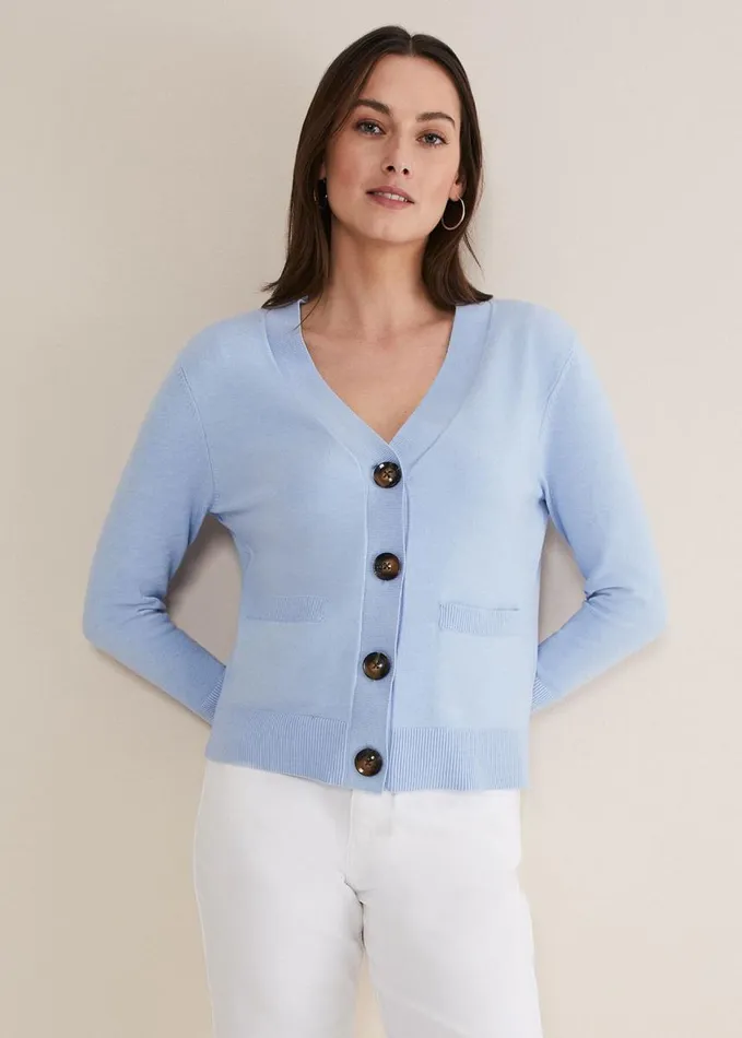 Phase Eight Ima Fine Knit V Neck Cardigan Pale Blue Women Knitwear