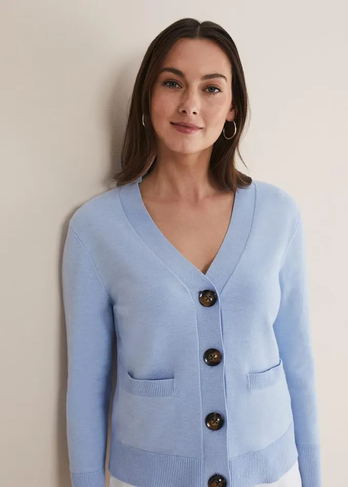 Phase Eight Ima Fine Knit V Neck Cardigan Pale Blue Women Knitwear