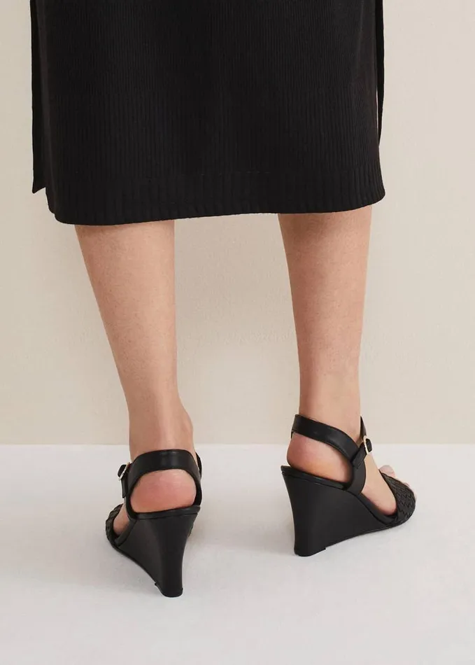 Phase Eight Leather Plait Strap Shoes Black Women Heels