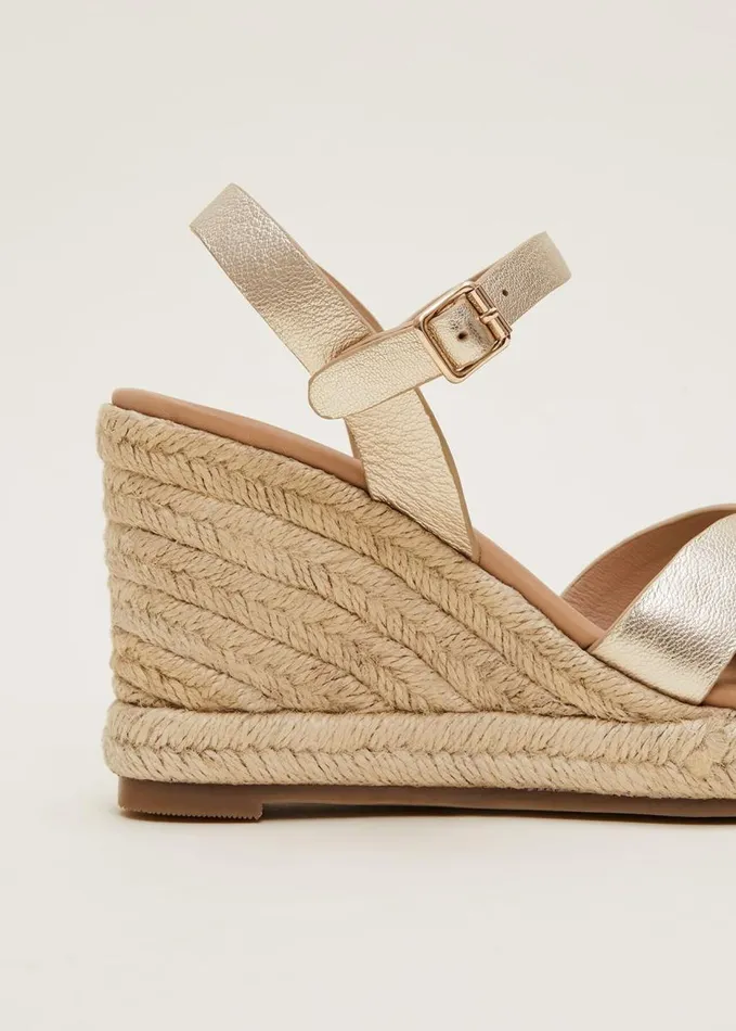 Phase Eight Leather Wedge Espadrilles Gold Women Heels